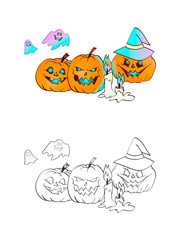 Halloween illustration with smiling Pumpkins, witch hat, ghosts and candles on a white background. age of coloring book.