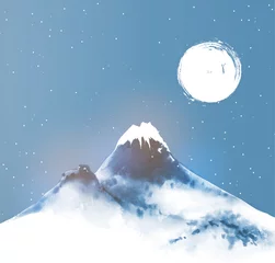 Großer blauer Berg im Schnee und Nachtwinterhimmel mit Sternen und dem Mond. © elinacious