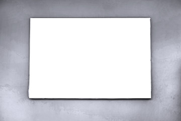 Blank billboard mockup with white screen on cement wall at city street. Copy space banner for advertisement background. Outdoor frame template poster media Ads display.