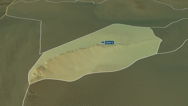 Wadi al Hayat - district of Libya with its capital zoomed on the physical map of the globe. Animation 3D