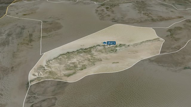 Wadi al Hayat - district of Libya with its capital zoomed on the satellite map of the globe. Animation 3D