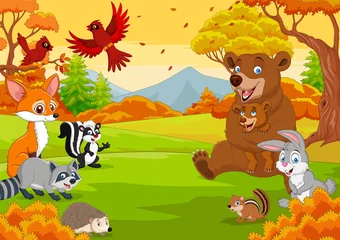 Photo sur Plexiglas Chambre denfants Animaux sauvages de dessin animé dans la forêt d& 39 automne