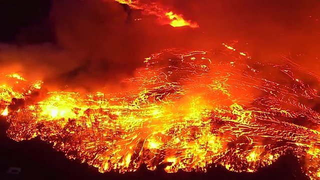 Aerial over the massive lava flow from the Kilauea volcano eruption, Hawaii, 2018
