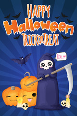 Vertical vector hand draw illustration in cartoons style with cute grim reaper with speech bubble and pumkins and candles and bat on blue background with stripes. Best for postcard, greeting card