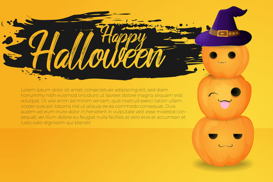 Horizontal vector Halloween background with illustration of pumpkins with cute face in witch hat in cartoons style and text happy halloween banner with grange paint banner on yellow and orange backgro