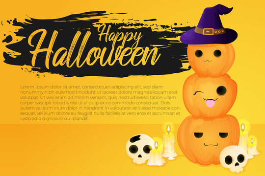 Horizontal Halloween background with illustration of pumpkins with cute face in witch hat and skull and candles in cartoons style and text happy halloween banner with grange paint banner