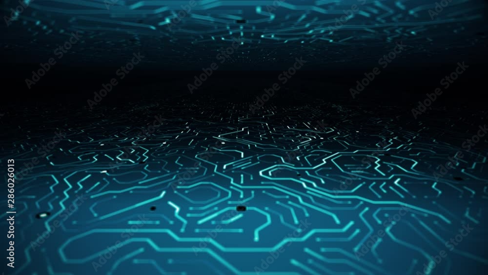 Wall mural endless travel over dark circuitboard environment background loop