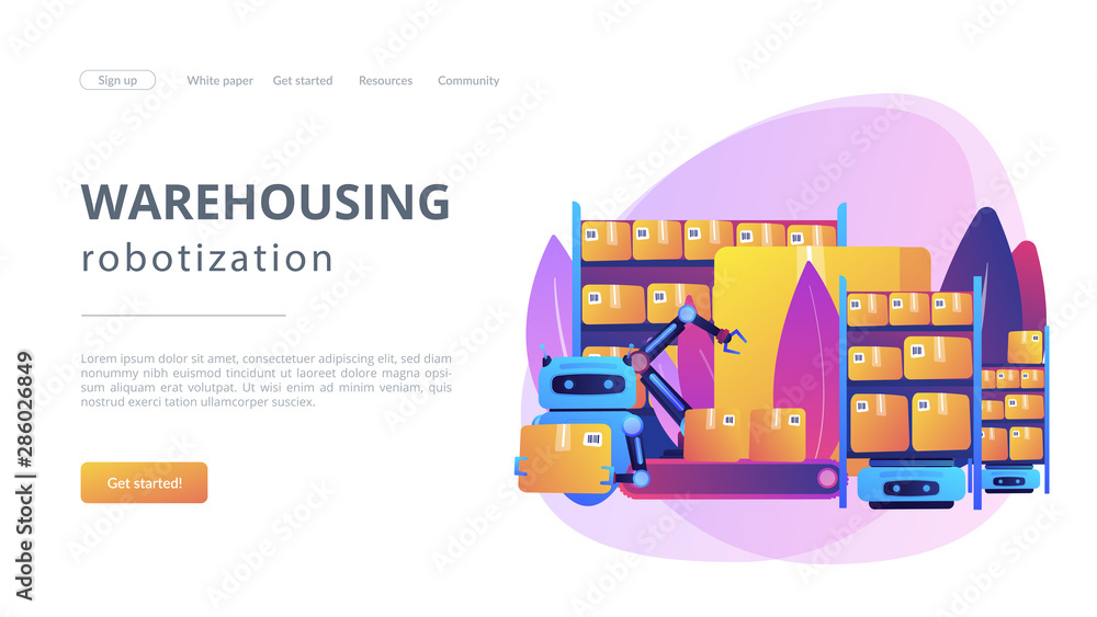 Poster storehouse automatic packages loading technology. warehousing robotization, warehouse robotics engin