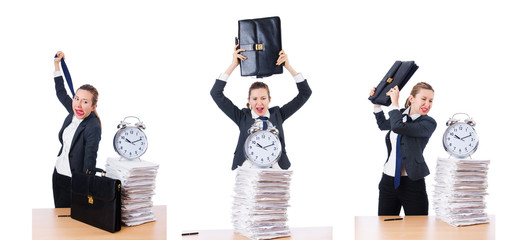 Woman businesswoman with giant alarm clock