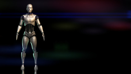 futuristic robot, male cyborg on black stage 