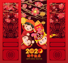 2020 Chinese new year - Year of the Rat. Cute kid happy smile. Blossom flower background. Translation Happy New Year