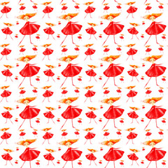 A fairy girl in a red dress and striped stockings,with red hair developing in the wind, dances soaring in the air. Watercolor illustration isolated on white background.Seamless pattern