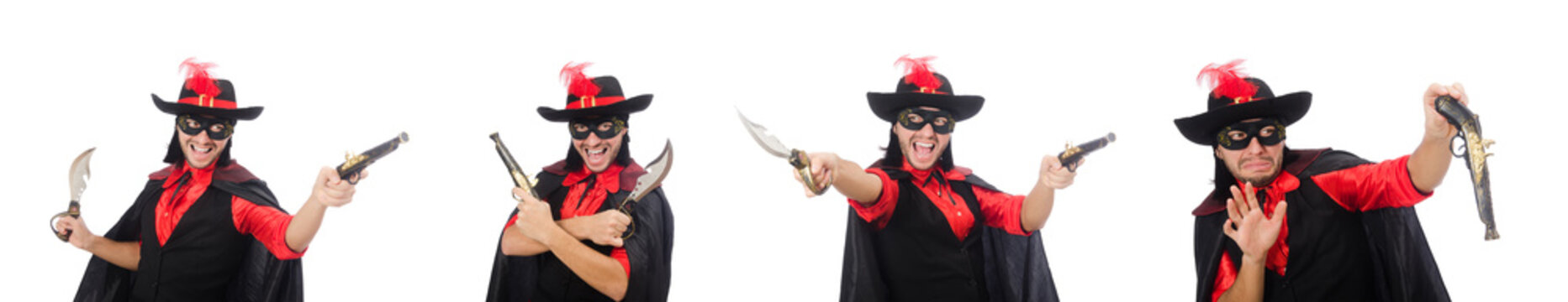 Young man in carnival coat with gun isolated on white