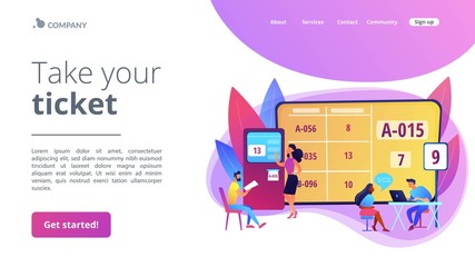 Waiting room with ticket system. Customer management method. Electronic queuing system, electronic queue management, take your ticket concept. Website homepage landing web page template.