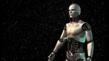 Fototapeta na wymiar futuristic robot, shiny android man surrounded by glittery dust