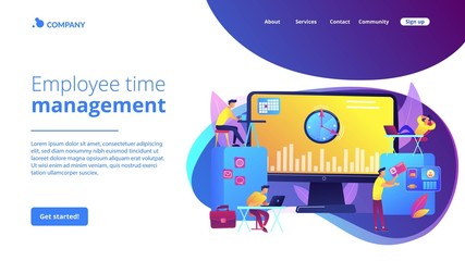 Work performance on schedule. Staff discipline. Time and attendance tracking system, office time tracking, employee time management concept. Website homepage landing web page template.