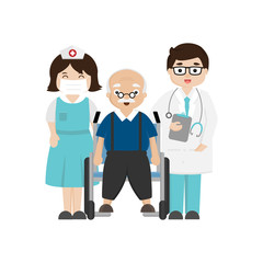 Doctor, nurse and senior patient in wheelchair.