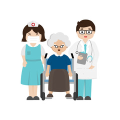 Doctor, nurse and senior patient in wheelchair.