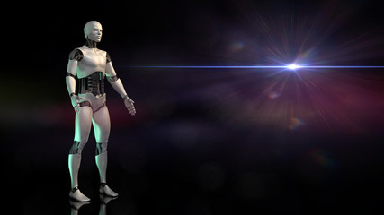 robot, artificial intelligence in front of a dark background presenting an empty space 