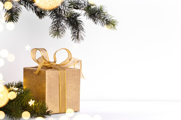 Golden gift box and fir tree branch