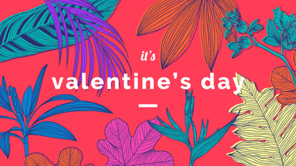 Botanical Valentine day banner template design, colorful leaves and flowers line art ink drawing on red