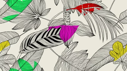 Fotobehang Botanical seamless pattern, tropical leaves and flowers line art ink drawing on light brown © momosama