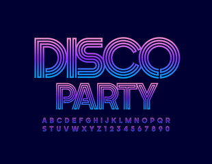 Vector bright Emblem Disco Party. Colorful Uppercase Font. Modern Alphabet Letters and Numbers - obrazy, fototapety, plakaty