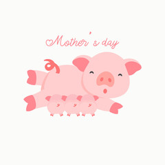 Mother pig and her baby. Mother's day card.