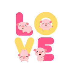 Cute Pigs with LOVE letters. Valentine greeting card.