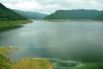 Scenic view of the reservoir in rainy season at khun dan prakan chon dam,nakhon nayok city,thailand.