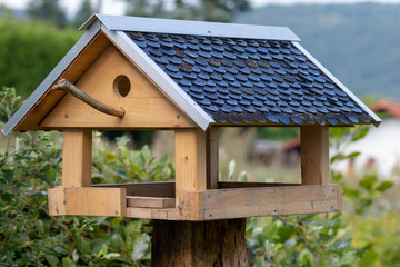 Selfmade big wooden birdhouse in the garden 