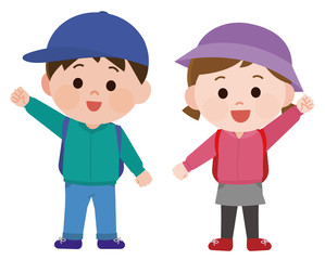 男女子供　全身　ハイキング　イラスト
