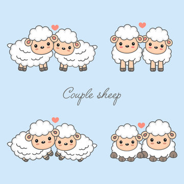 Sweet couple animals cartoon vector illustration. Cute sheep in love with heart.