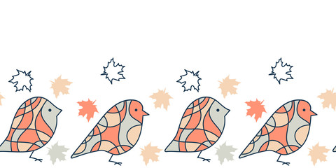 Cute vector seamless border with autumn maple leaves and mosaic birds. Hand drawn