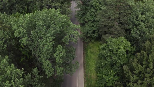 Top view black car riding in asphalt road among green trees in countryside. Aerial shooting car driving on country highway. Car trip at summer holiday