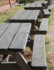 Fototapeta premium A row of rustic wooden picnic tables in a public park waiting to be used
