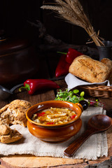 Rustic Spicy tripe soup with red paprika.