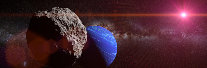 planet Neptune with one of its moons lit by the Sun © dottedyeti