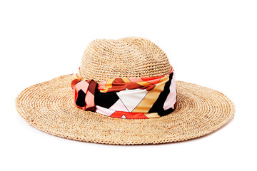 Brown straw fashion hat on background