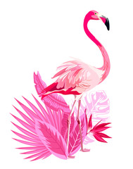 Tropical summer arrangements with pink  flamingo, tropical flowers, palm leaves, jungle plants, hibiscus, bird of paradise flower. Beautiful floral exotic  illustration isolated on white backgro