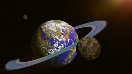 Earth like alien planet with ring system and moons lit by a distant sun  © dottedyeti