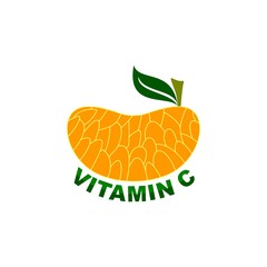 Vitamin C sign on orange fruit, nutrition logo label illustration.