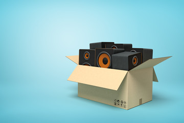 3d rendering of cardboard box full of black audio speakers on blue background.
