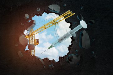 3d rendering of hoisting crane carrying syringe and breaking hole in black wall with blue sky seen through.