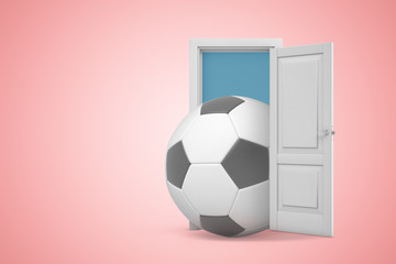 3d rendering of football ball in white open doorway on light pink background
