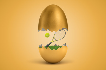 3d rendering of gold egg cracked in two, with tennis racket and ball levitating in air between the two halves.