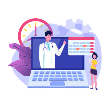 Online doctor vector  concept,  patient consultation, doctor appointment. Vector illustration in flat style.