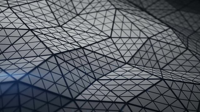 Low poly triangulated shape with subdivided polygons. Futuristic abstract distorted construction. Seamless loop 3D render animation 4k UHD 3840x2160