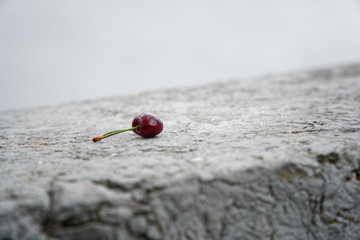 Cherry on pier, close-up with defocused background