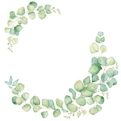 Green eucalyptus leaves watercolor wreath illustration
